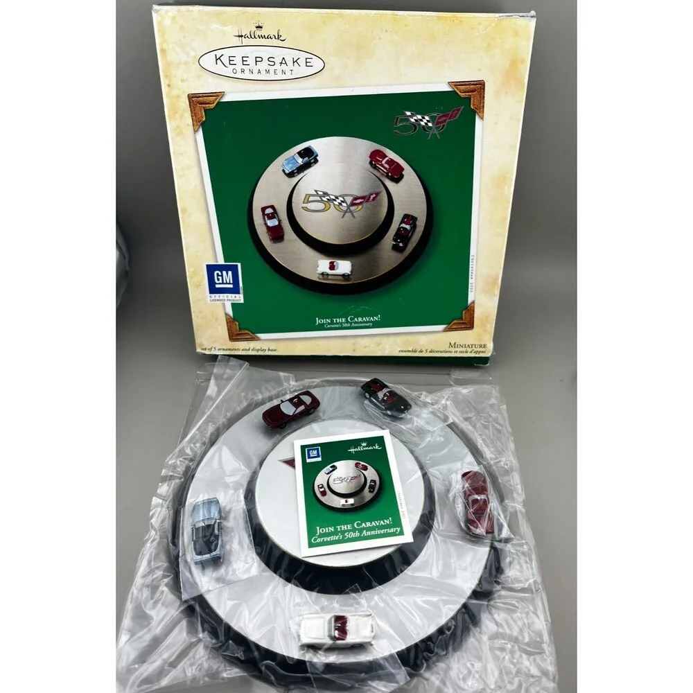 Hallmark Corvette 50th Anniversary 5pc Mini Ornament Set & Base Lt Ed Christmas